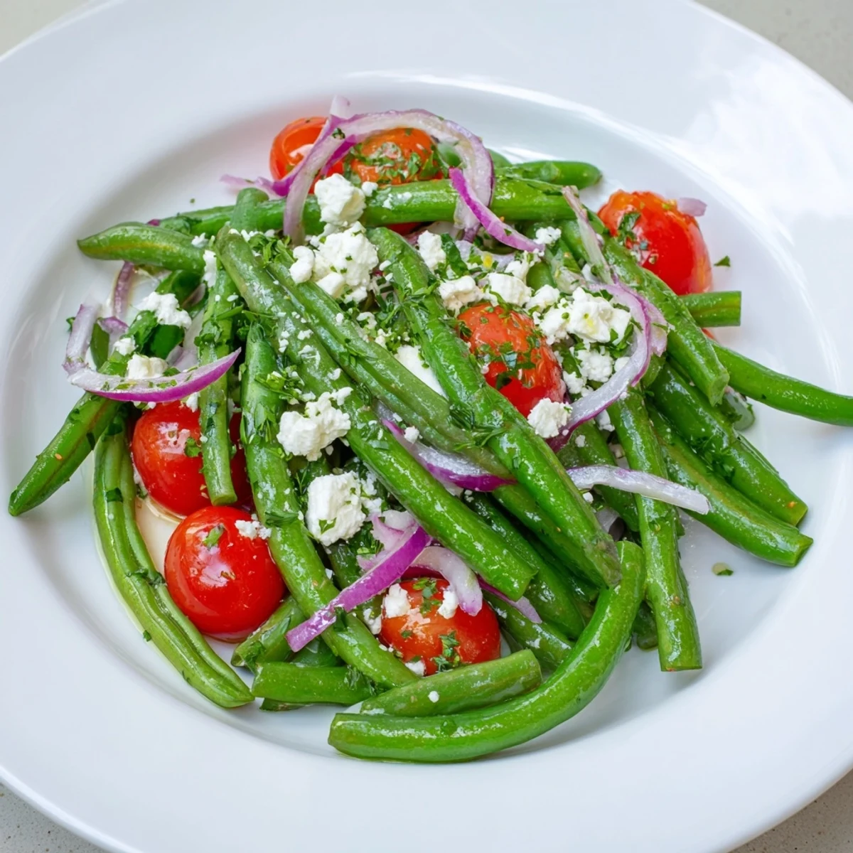 Close-up of crisp Green Bean Salad with Feta, showcasing a colorful mix of vegetables and a glossy lemon dressing, perfect for healthy eating.
