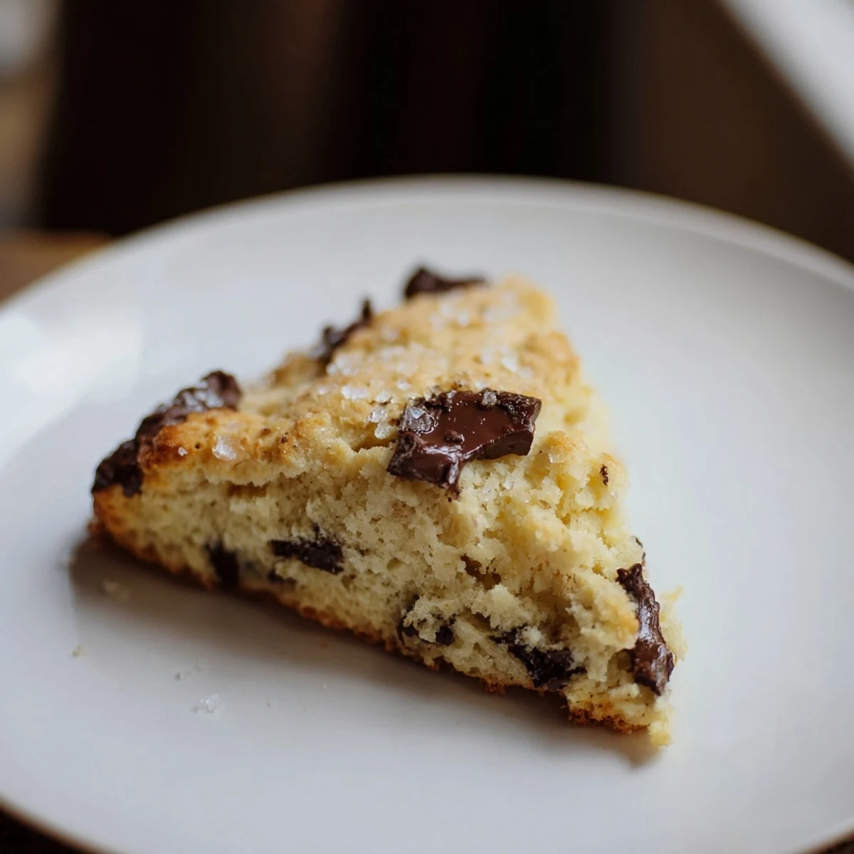 Warm, golden-brown Chocolate Chip Scones with melted chocolate chips are arranged on a rustic wooden board for breakfast.