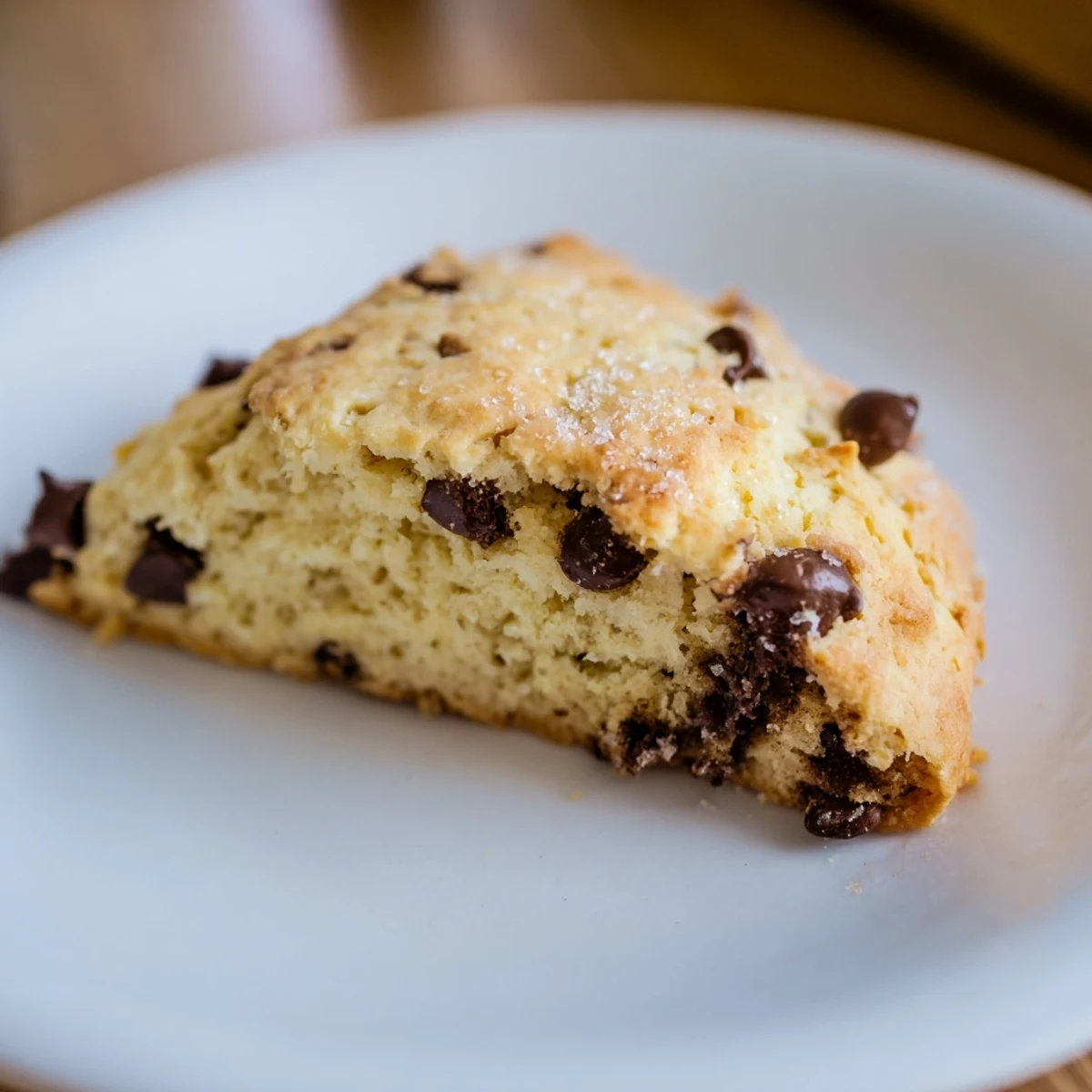 Freshly baked Chocolate Chip Scones are served warm on a white plate, dusted with powdered sugar for extra sweetness.