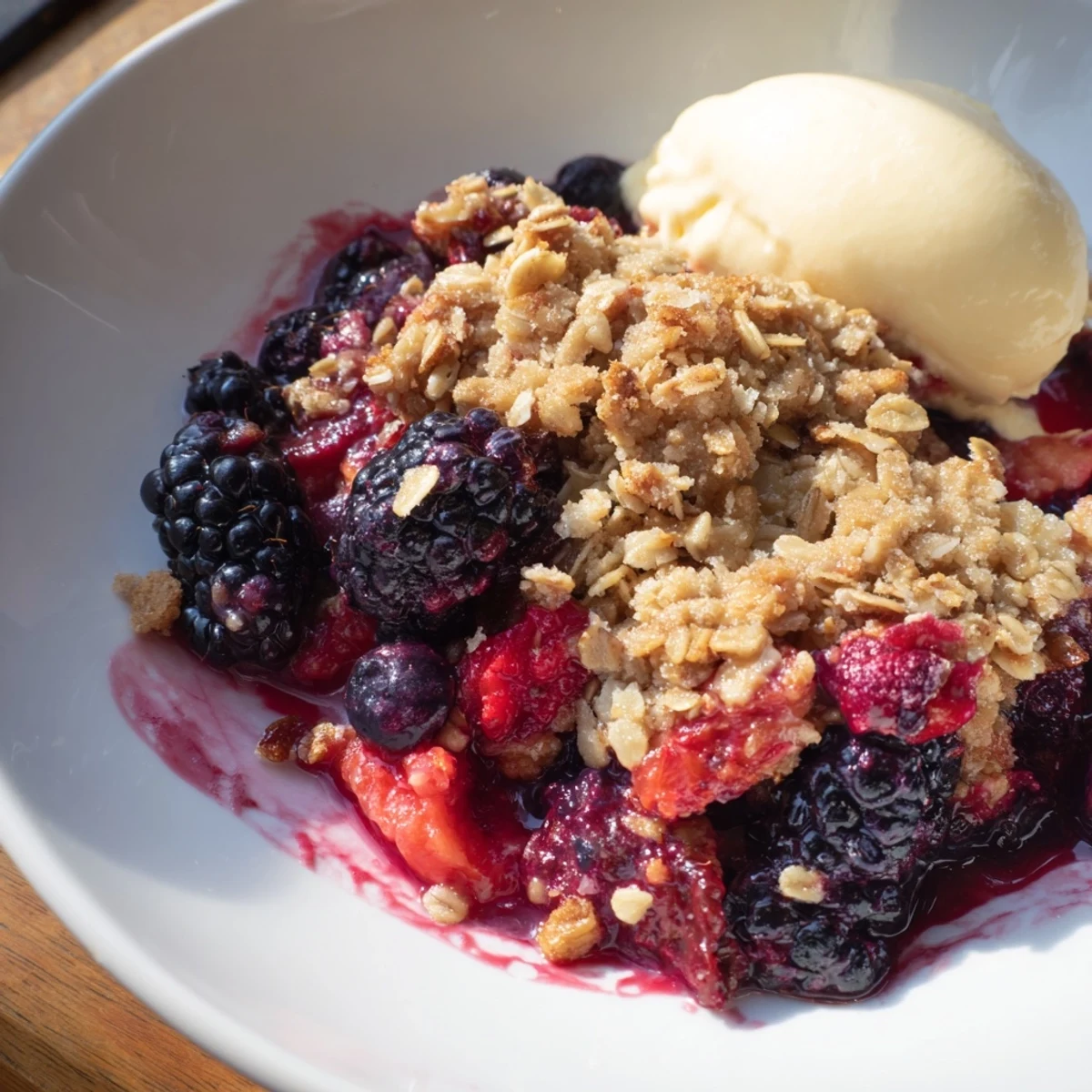 Warm Winter Berry Crumble with Oats bubbling from the oven, topped with a scoop of vanilla ice cream melting over the golden crumble.