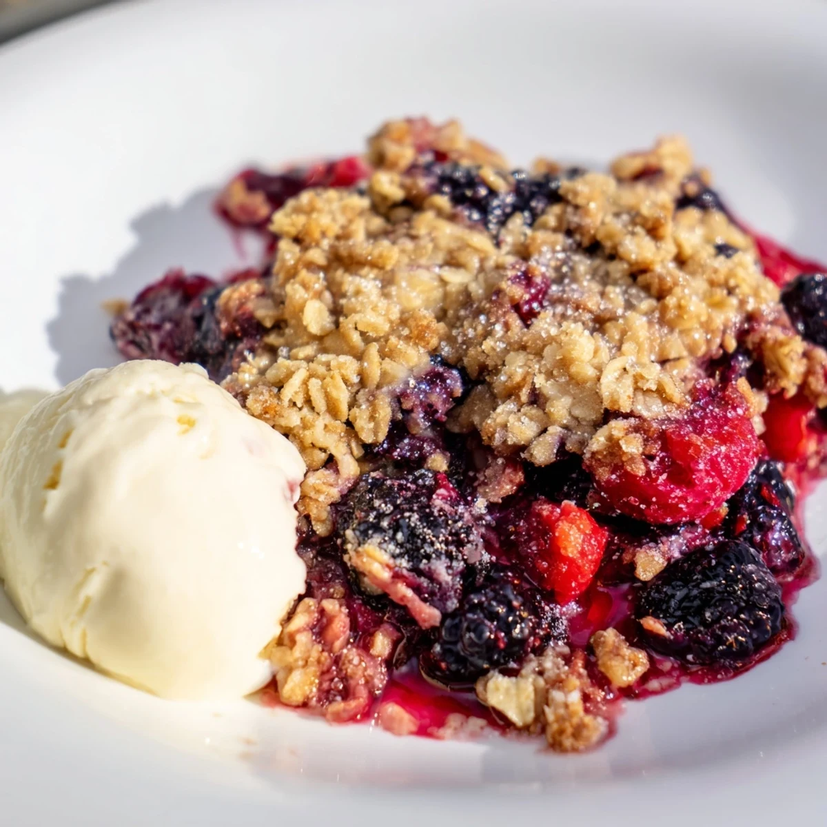Close-up of Winter Berry Crumble with Oats, showcasing juicy berry filling and crispy oat crumble topping on a rustic serving dish.