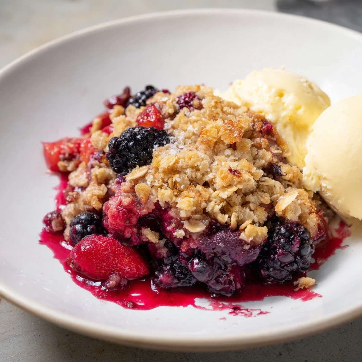 A spoon serves Winter Berry Crumble with Oats topped with ice cream, steam rising from the warm berries and crunchy oats.