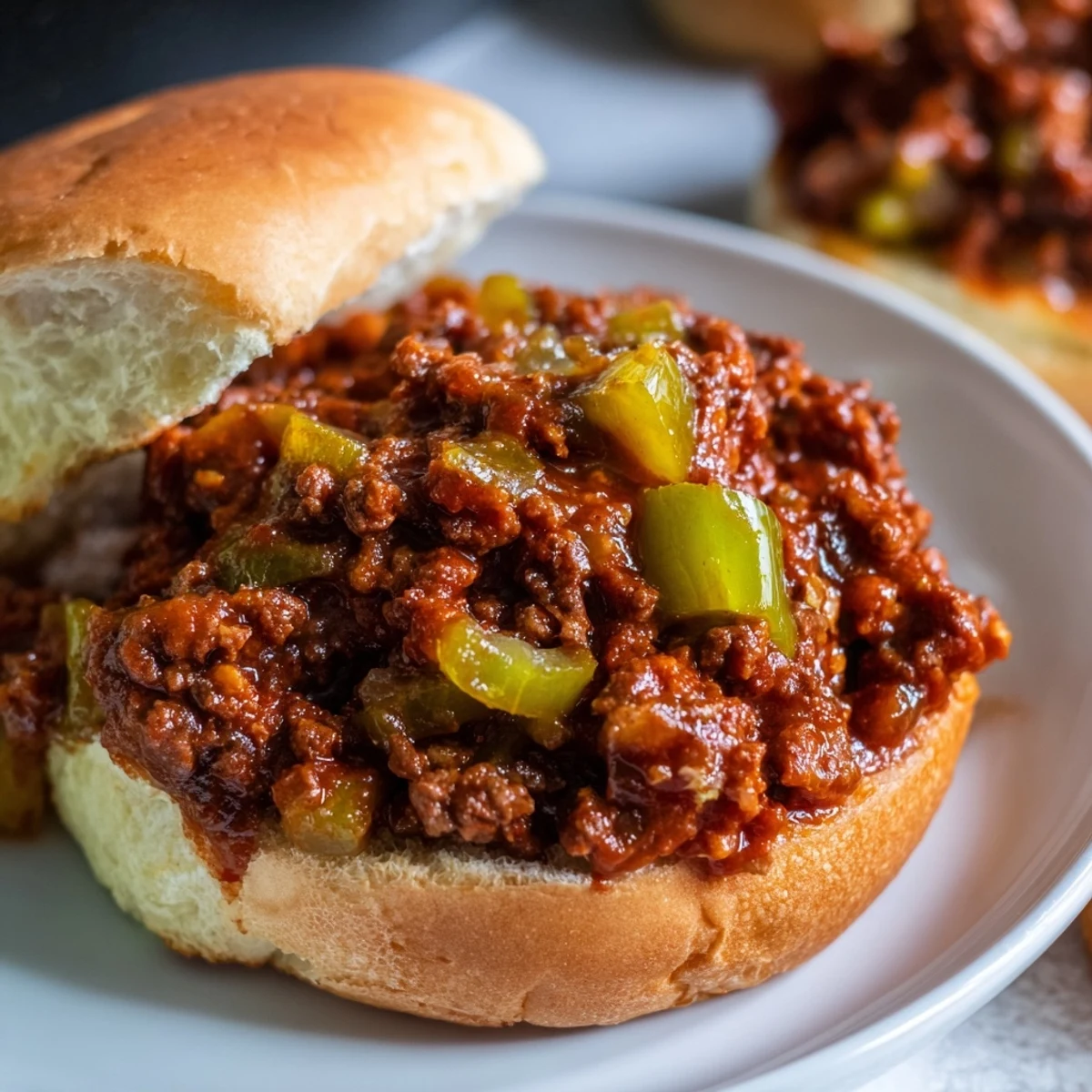 A close-up of Beef Sloppy Joes on a toasted bun, with saucy beef spilling out and garnished with pickles.