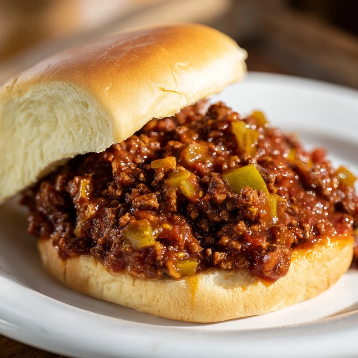 The savory Beef Sloppy Joes on a Bun resting on a rustic board, ready to enjoy with a side salad.
