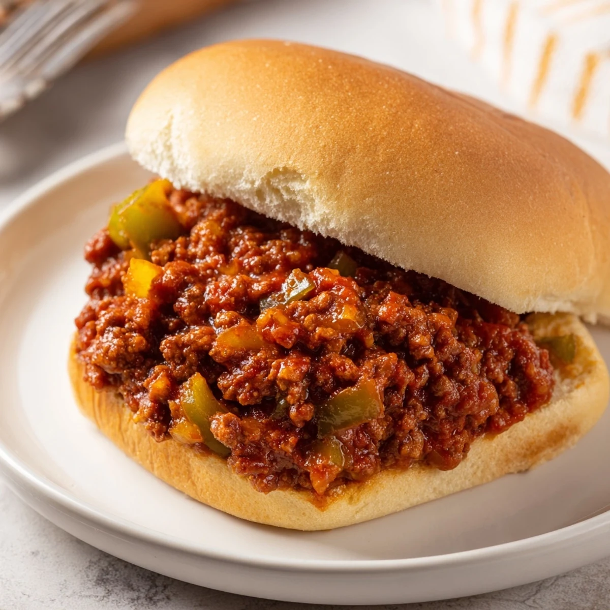 Beef Sloppy Joes on a Bun served hot on a plate with coleslaw and potato chips for a classic meal.