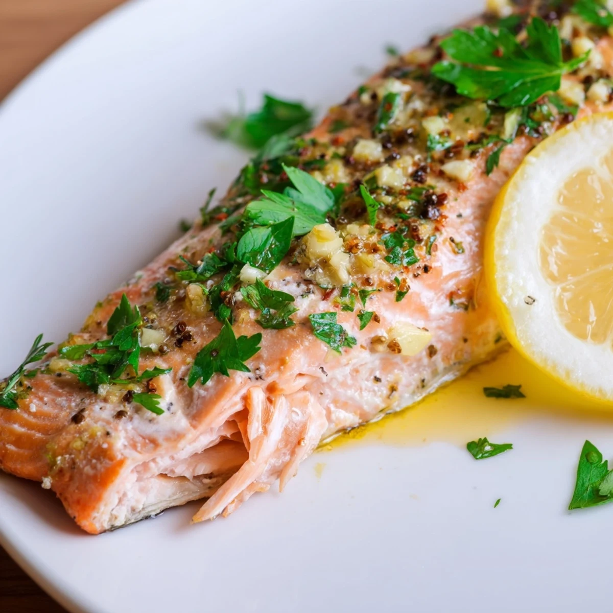 Golden-brown baked salmon with lemon pepper seasoning on a white plate, garnished with fresh parsley and lemon slices.