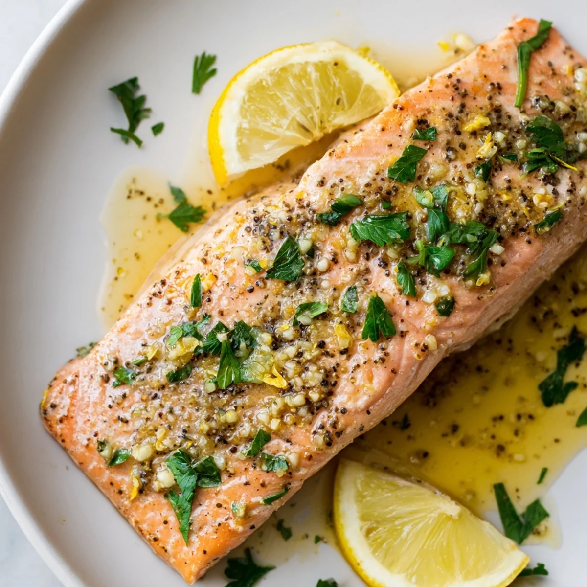 Tender, flaky salmon fillets with zesty lemon pepper, ready to serve after 18 minutes in the oven.