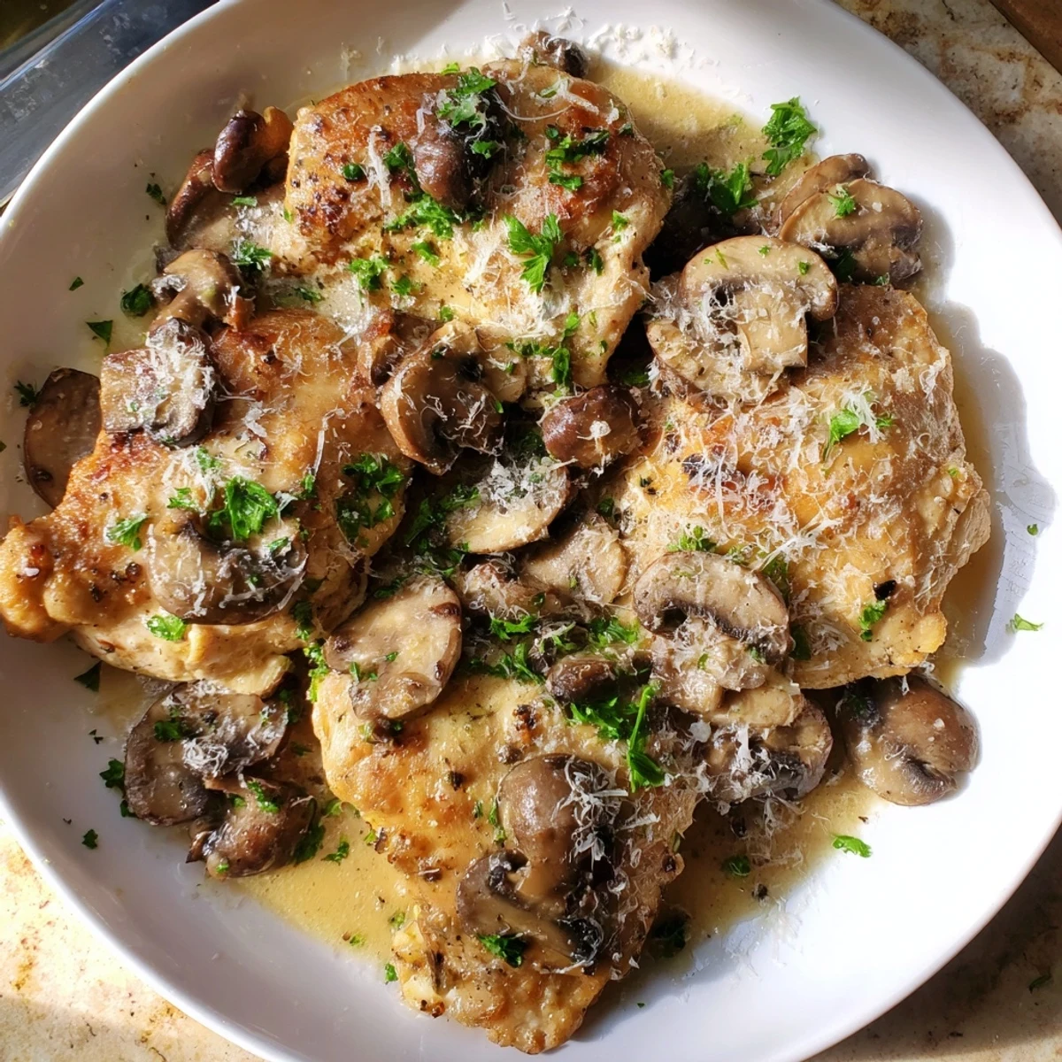 Golden-brown seared chicken thighs with creamy garlic mushroom sauce served over fluffy mashed potatoes in a rustic skillet.  