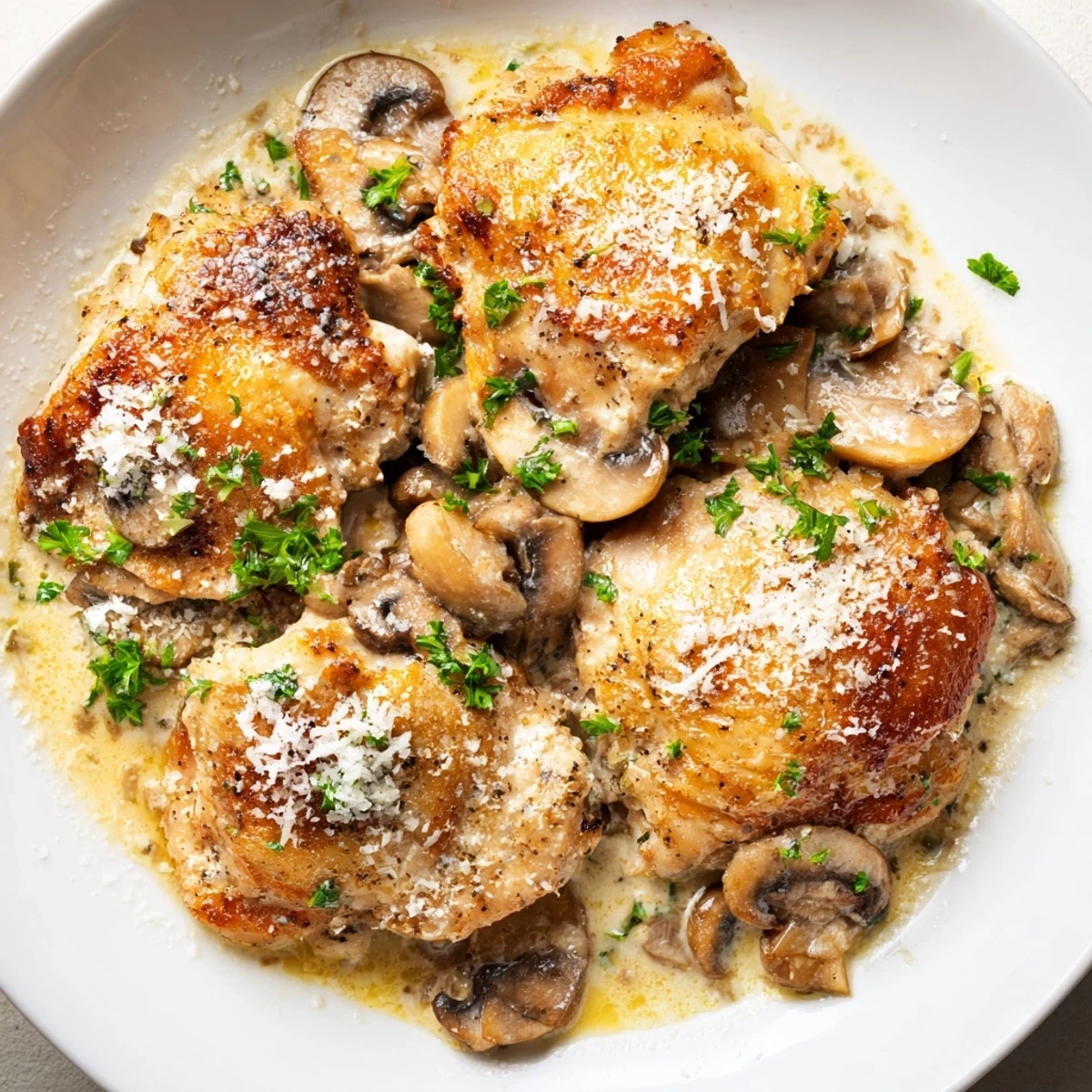 Creamy Garlic Mushroom Chicken Thighs simmered in a rich sauce, garnished with fresh parsley on a warm dinner plate.  