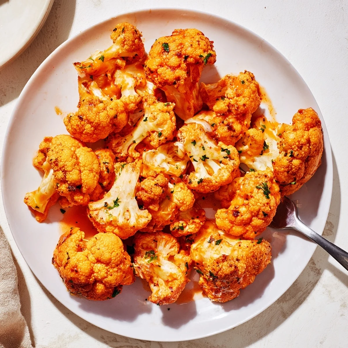 Crispy Spicy Buffalo Cauliflower Bites sizzling on a plate, garnished with fresh herbs and ranch dressing.  