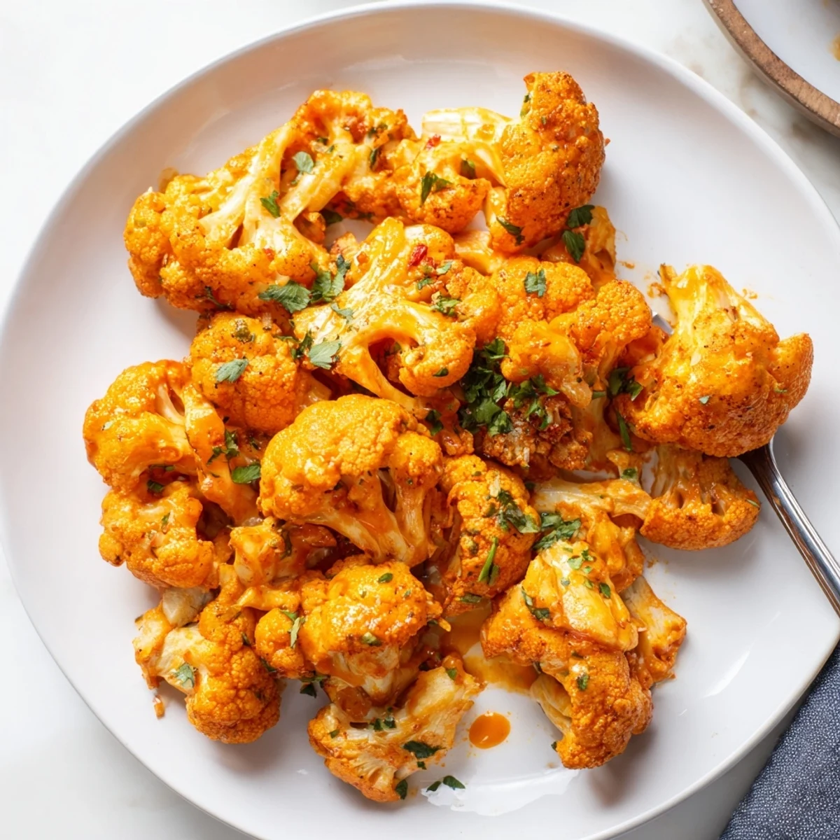 Golden-battered cauliflower florets drenched in tangy Spicy Buffalo Cauliflower Bites, served with a creamy dip.  