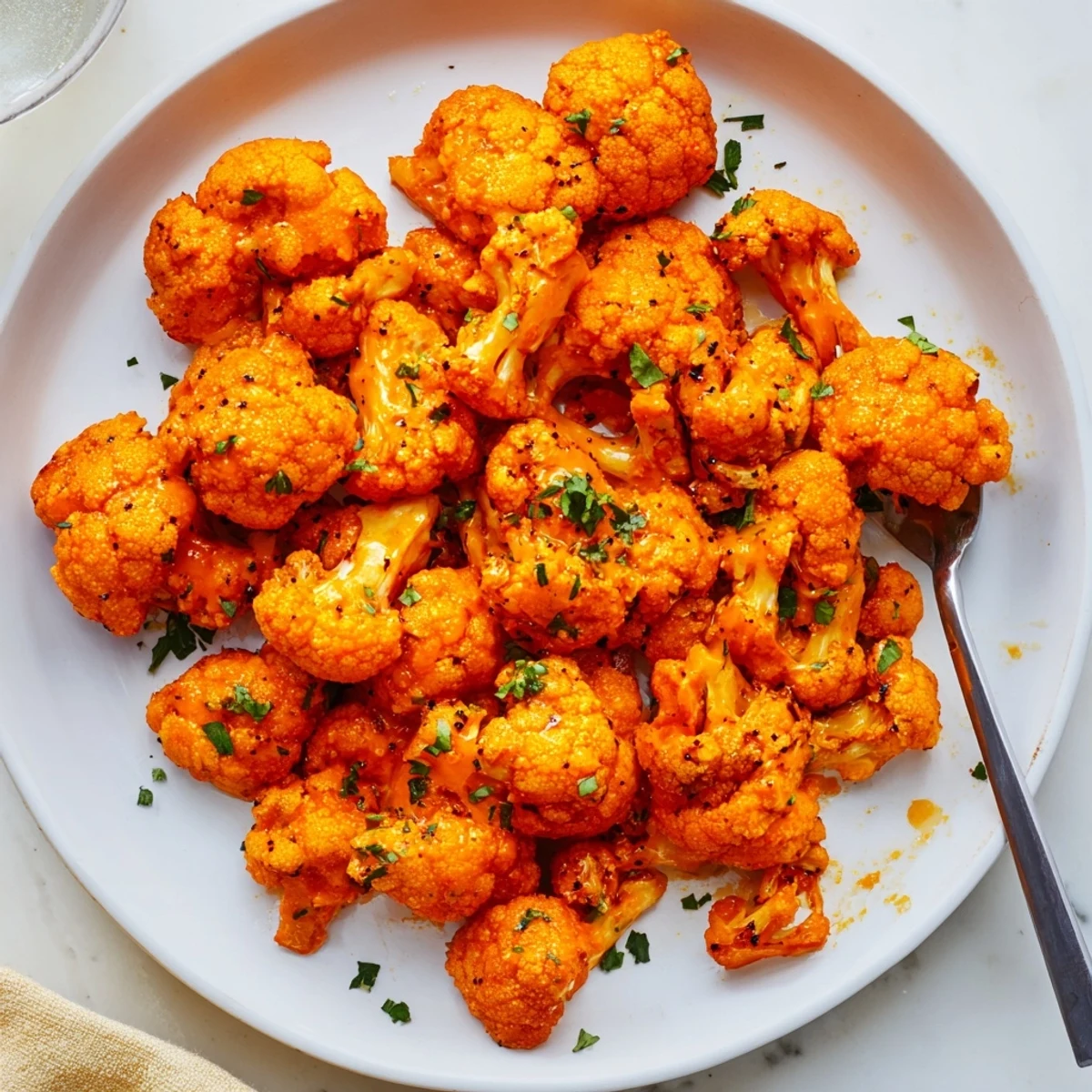 A close-up of Spicy Buffalo Cauliflower Bites coated in orange sauce, ready to be enjoyed hot.