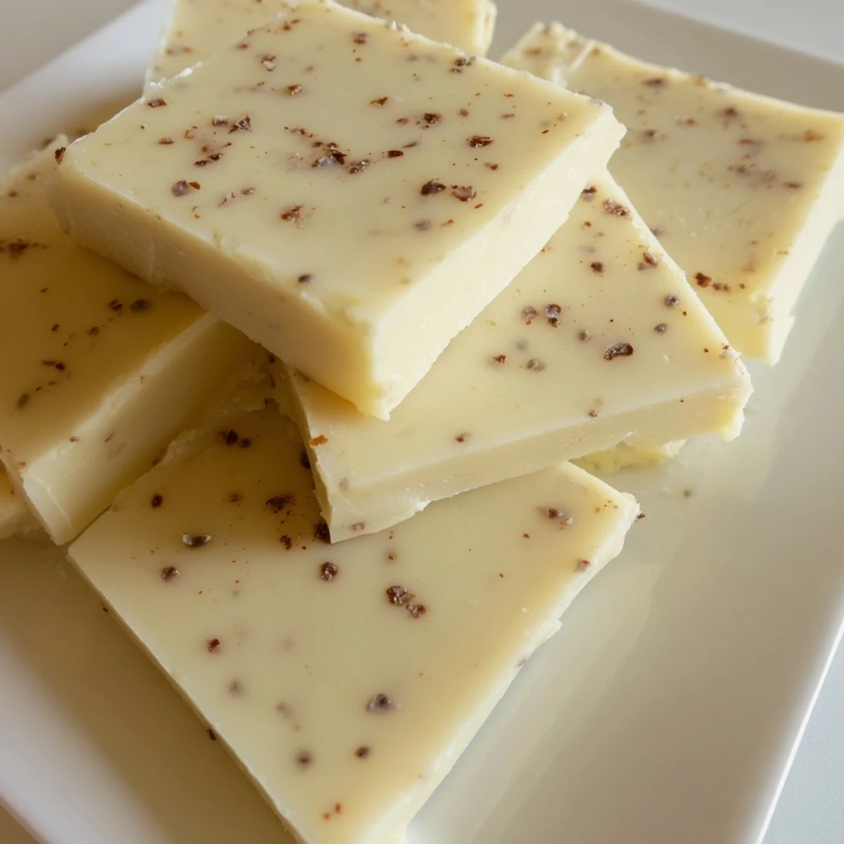 Creamy squares of Irish Cream Fudge arranged neatly on a white plate with a cup of coffee nearby.