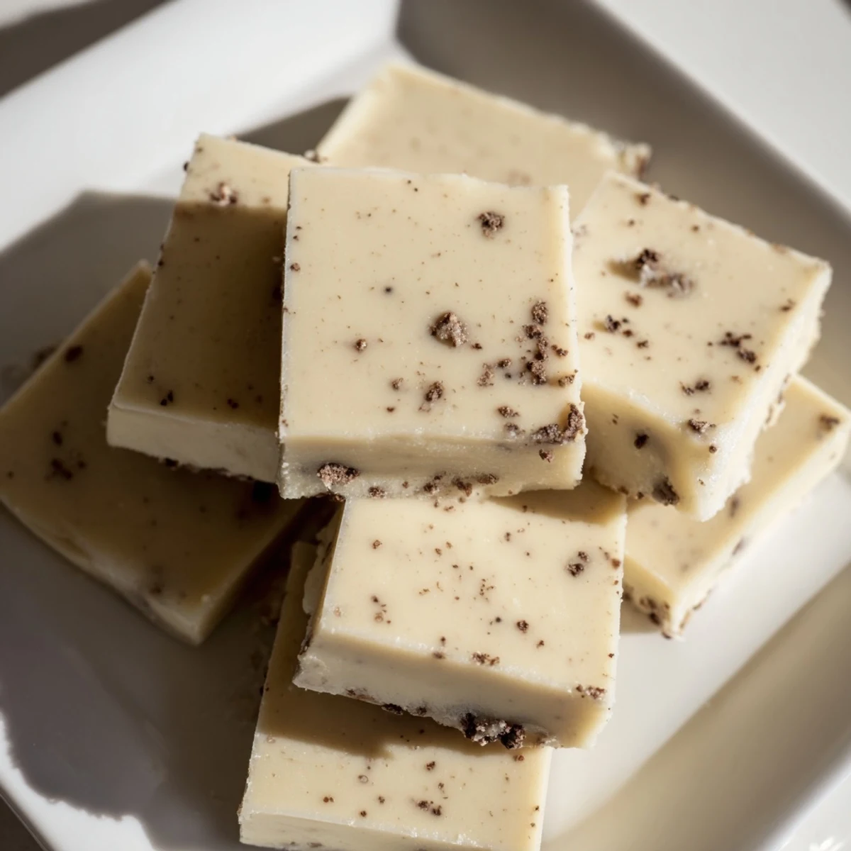 Soft, glossy pieces of Irish Cream Fudge topped with a sprinkle of cocoa powder for extra flavor.