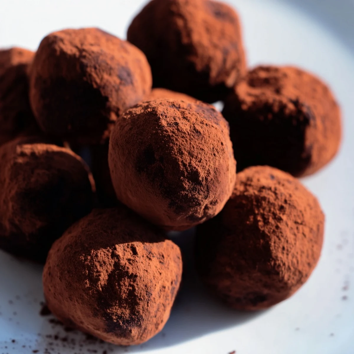 A close-up of Chocolate Truffles with Cocoa Powder dusted on top, showing their rich, velvety texture and indulgent bite-size shape.
