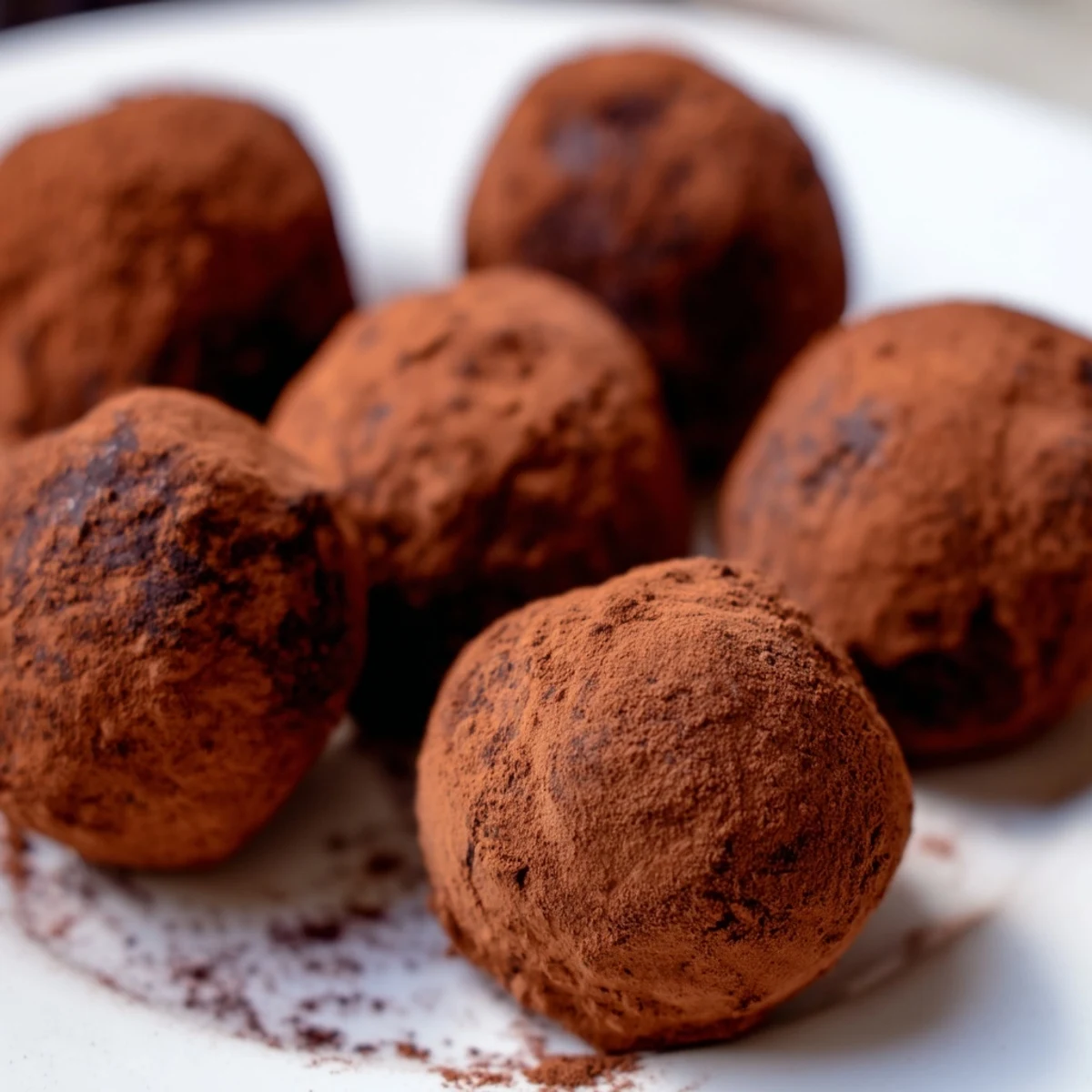 A hand placing a matte dark chocolate truffle coated in Cocoa Powder on a rustic wooden board next to a cup of espresso.