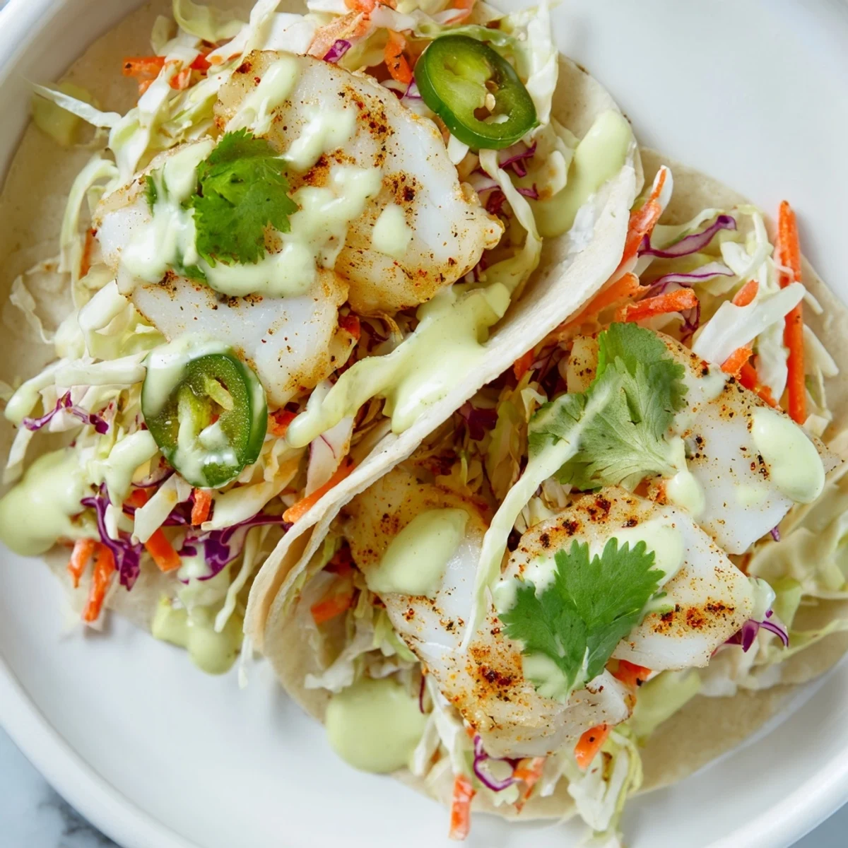 Cajun Blackened Fish Tacos served on a plate with lime wedges and fresh cilantro.