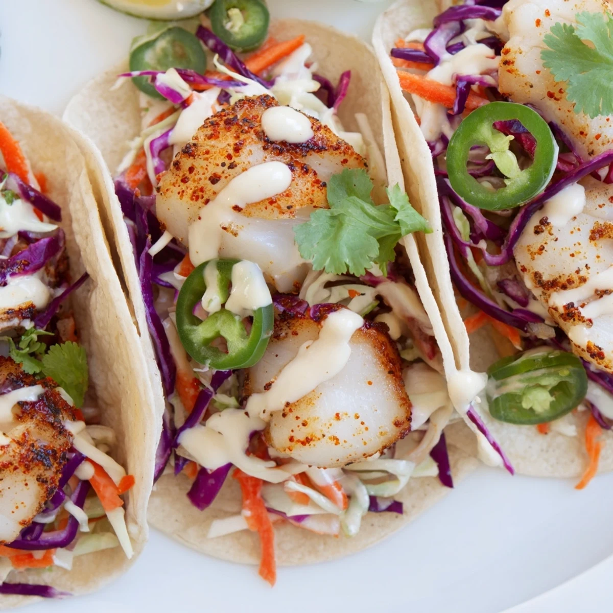 Cajun Blackened Fish Tacos displayed with warm tortillas, crisp slaw, and creamy sauce.