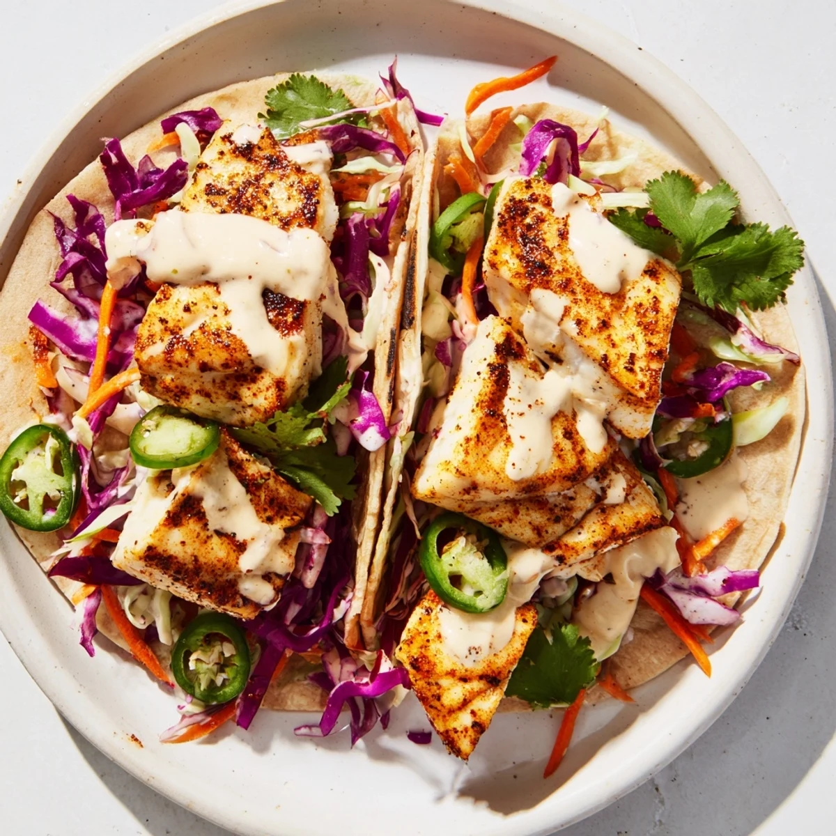 Cajun Blackened Fish Tacos topped with spicy blackened fish and jalapeño slices for heat.