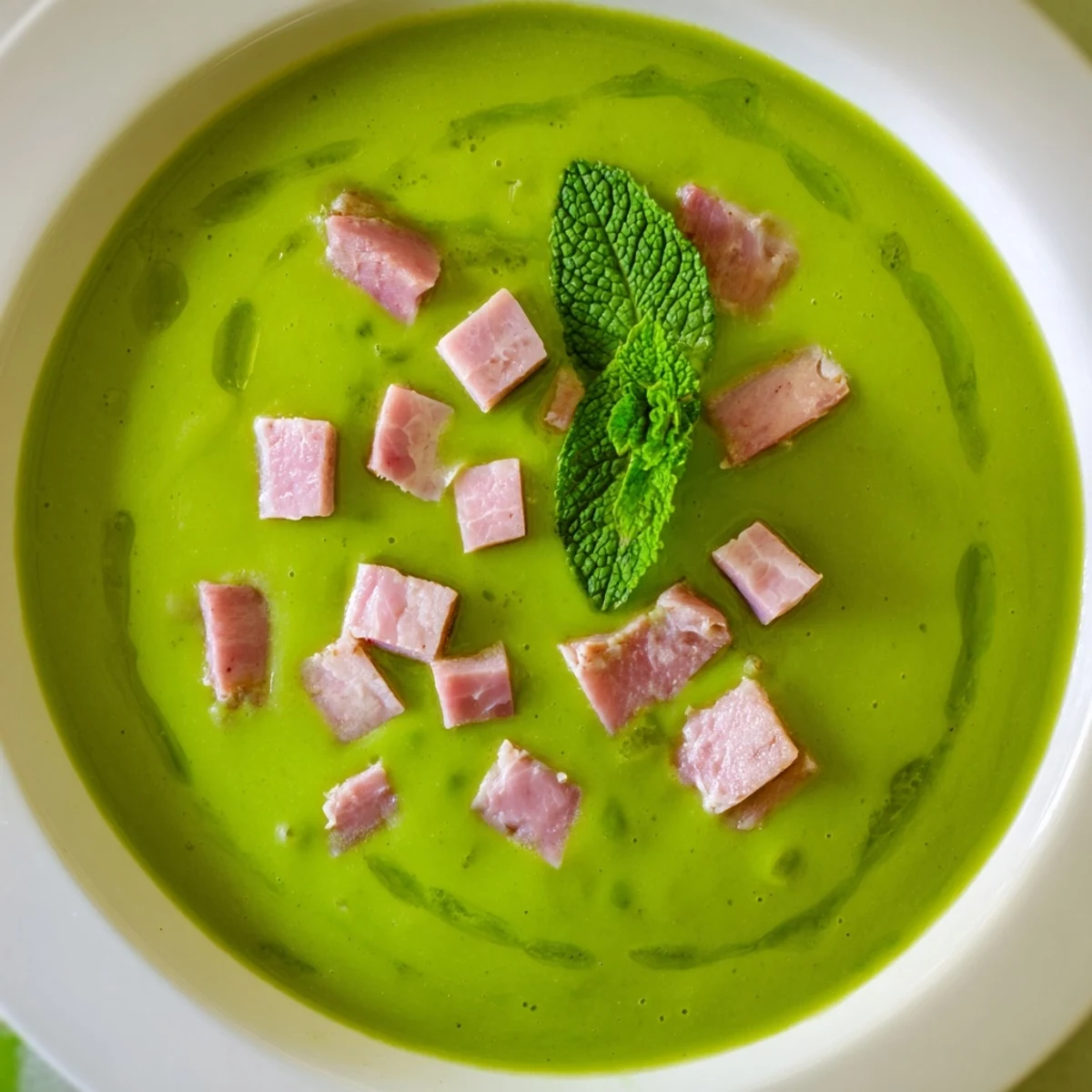 Creamy Spring Pea Soup with Turkey Ham garnished with diced ham and fresh mint leaves in a rustic bowl.