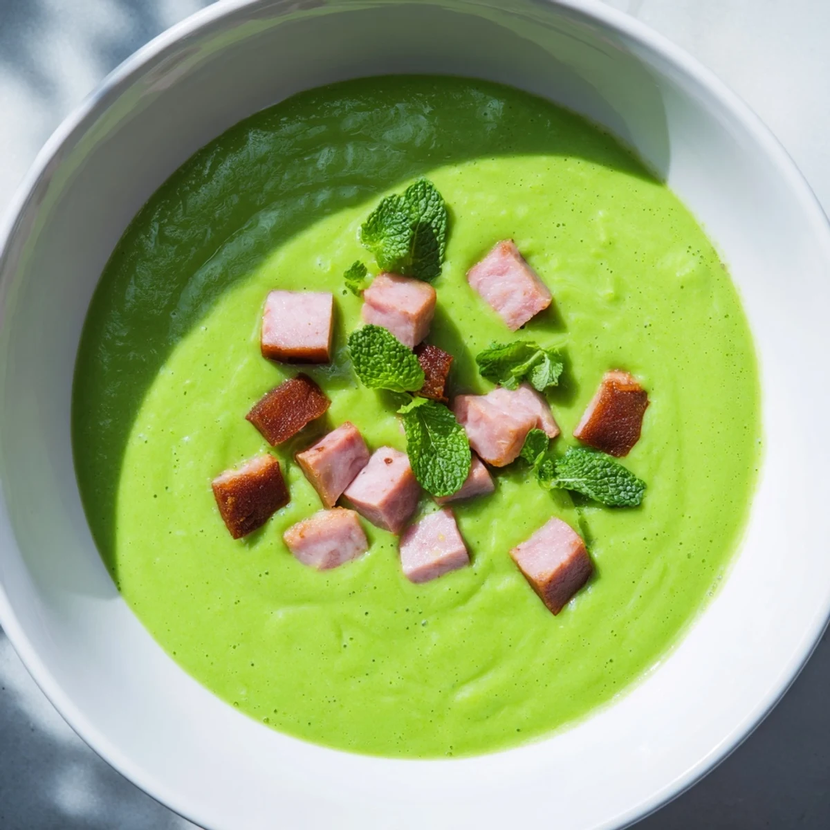 A steaming bowl of Spring Pea Soup with Turkey Ham beside fresh peas and a slice of crusty bread.