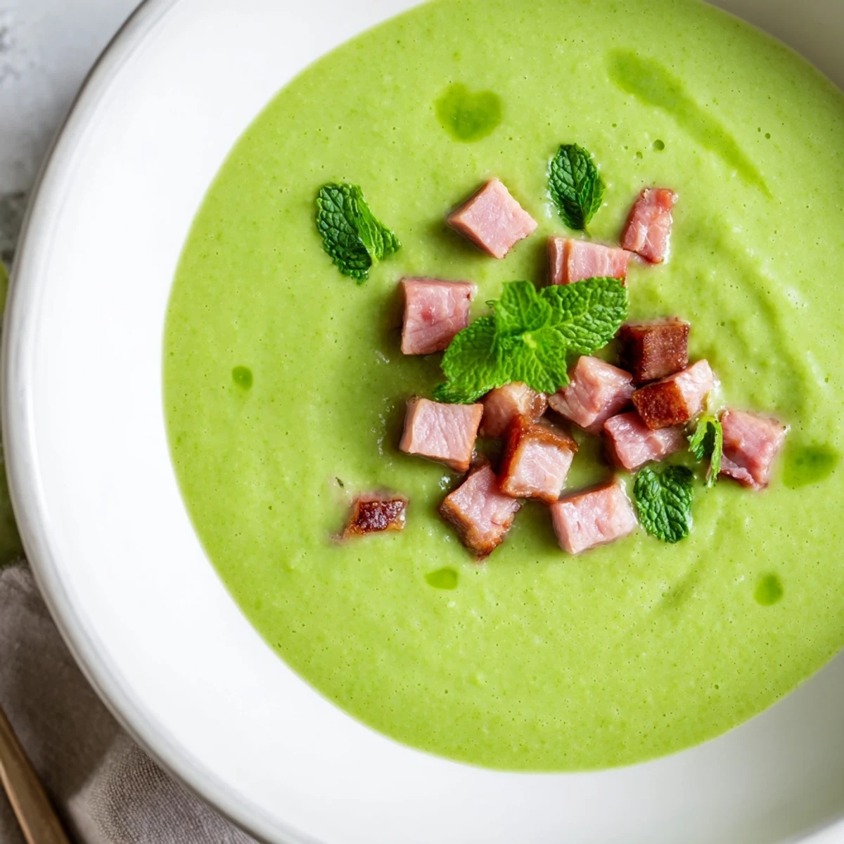 Vibrant green Spring Pea Soup with Turkey Ham served hot, topped with creamy texture and savory diced ham pieces.