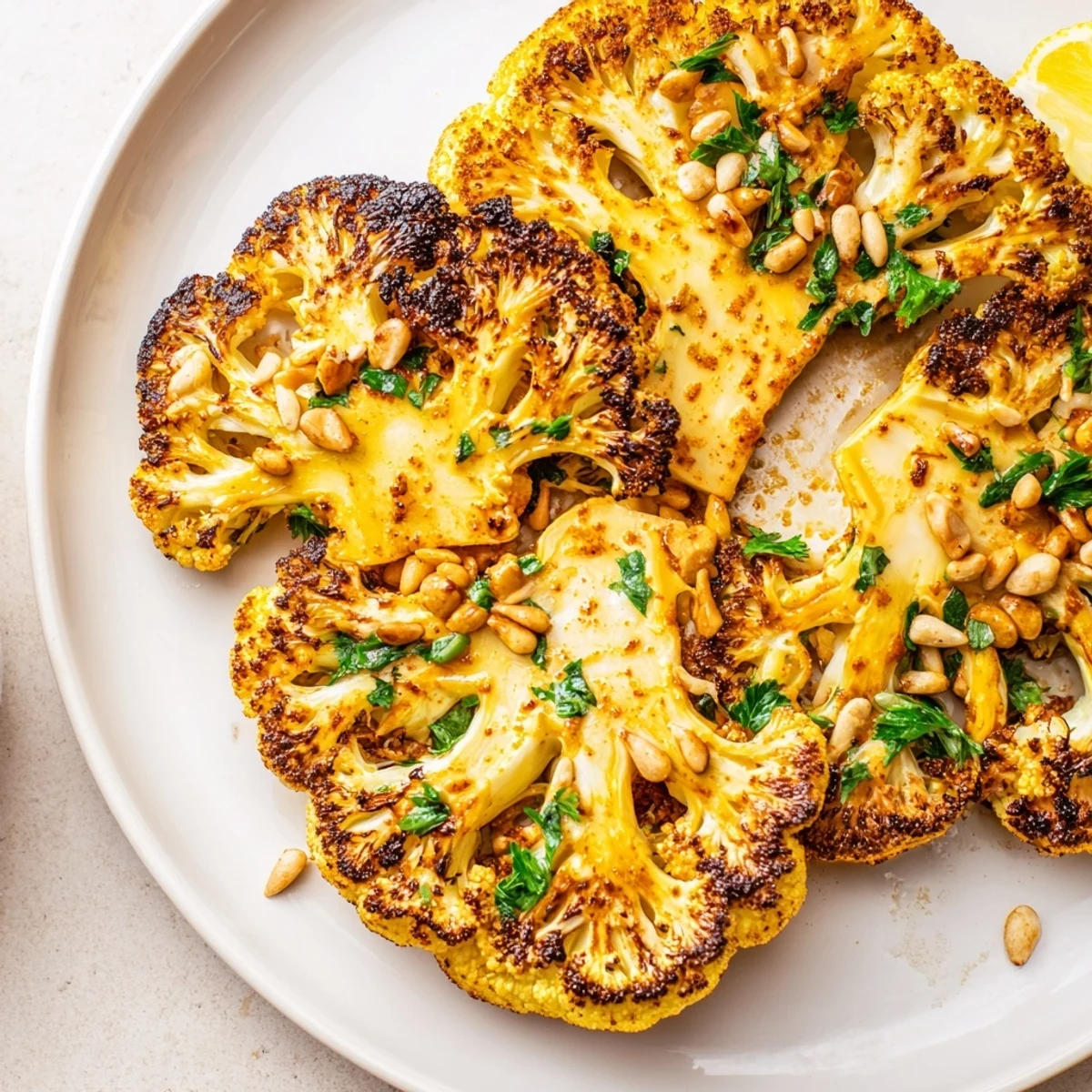 Golden-brown roasted cauliflower steaks with smoky paprika and garlic, garnished with fresh parsley and pine nuts.