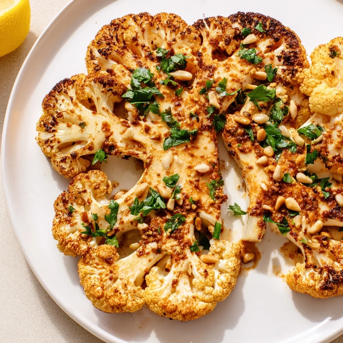 Seasoned roasted cauliflower steaks with toasted pine nuts and parsley, perfect alongside a grain bowl or tahini sauce.