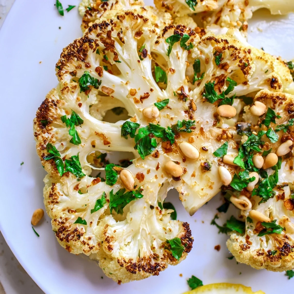 Roasted cauliflower steaks on a white plate with lemon wedges, a hearty vegetarian main dish ready to serve.