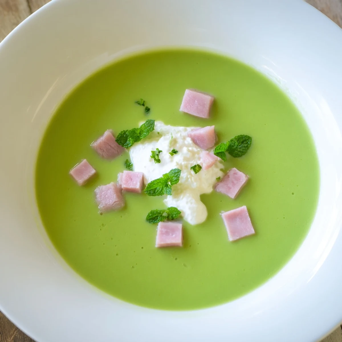 Creamy green Spring Pea Soup with Turkey Ham, garnished with fresh mint and a swirl of crème fraîche. 