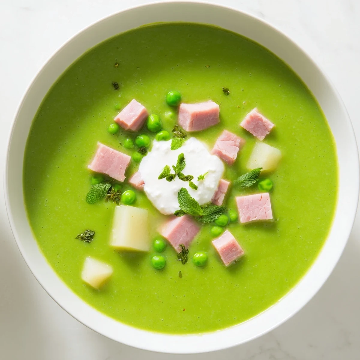 Warm Spring Pea Soup with Turkey Ham served in a rustic bowl with a slice of crusty bread. 
