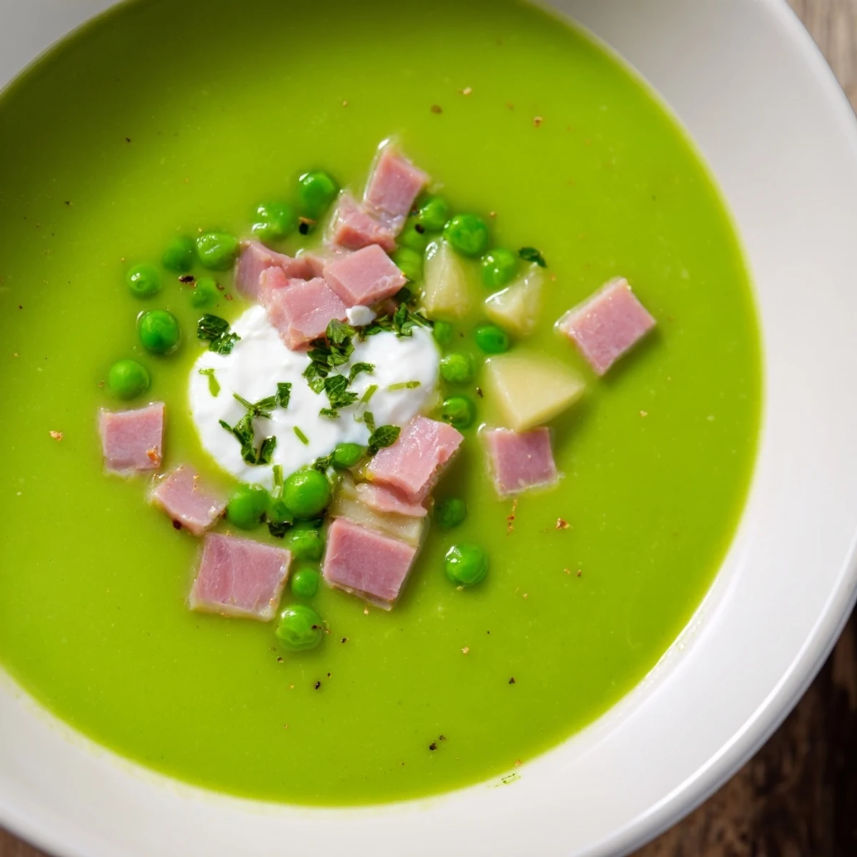 Vibrant Spring Pea Soup with Turkey Ham featuring smooth texture and diced savory ham throughout the ladle.