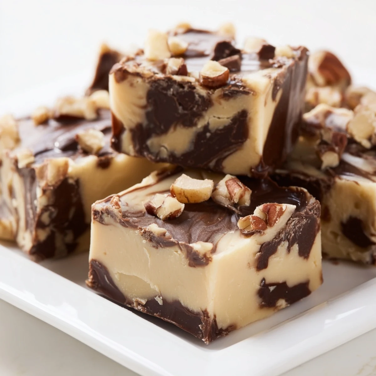 Creamy Irish Cream Fudge squares with rich chocolate texture, stacked on a plate with chopped nuts.