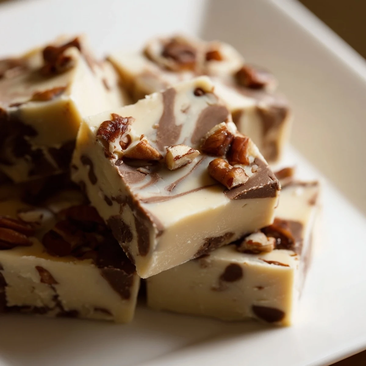 A close-up of smooth Irish Cream Fudge pieces, some with nutty toppings, ready for serving.