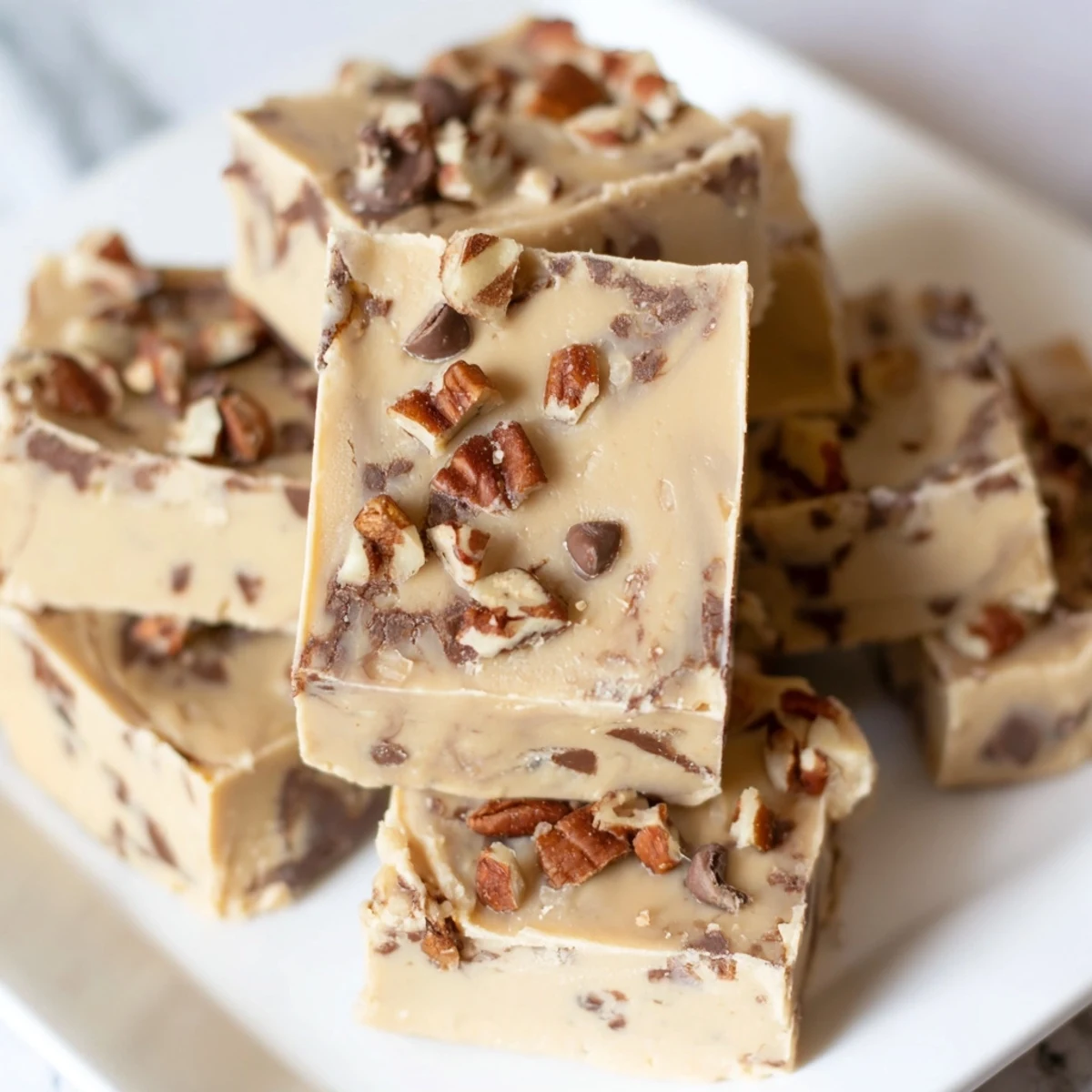 Homemade Irish Cream Fudge squares with a soft, velvety texture and hints of coffee and vanilla.