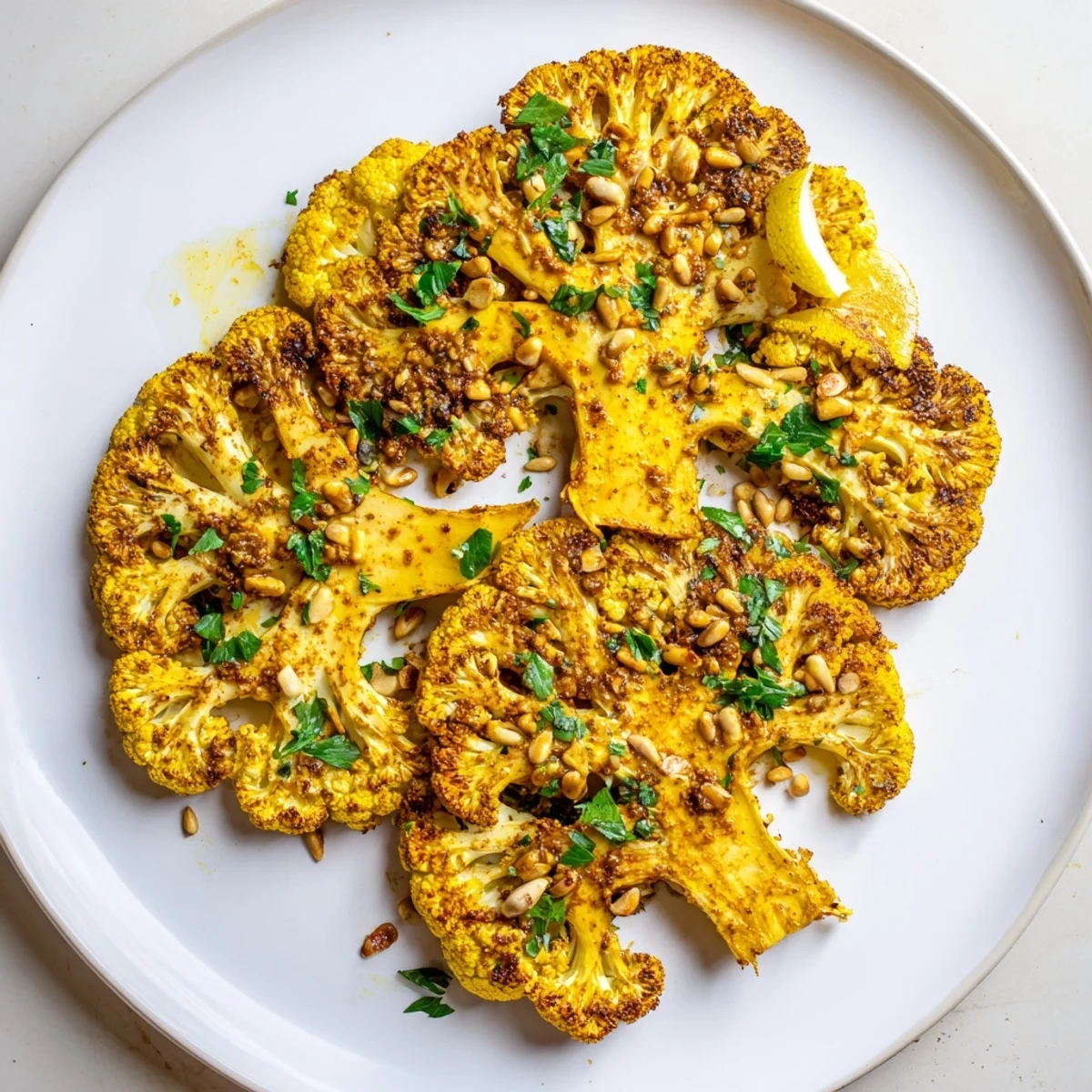 Roasted Cauliflower Steaks with Spices from the oven, glistening with golden char and fragrant spices.