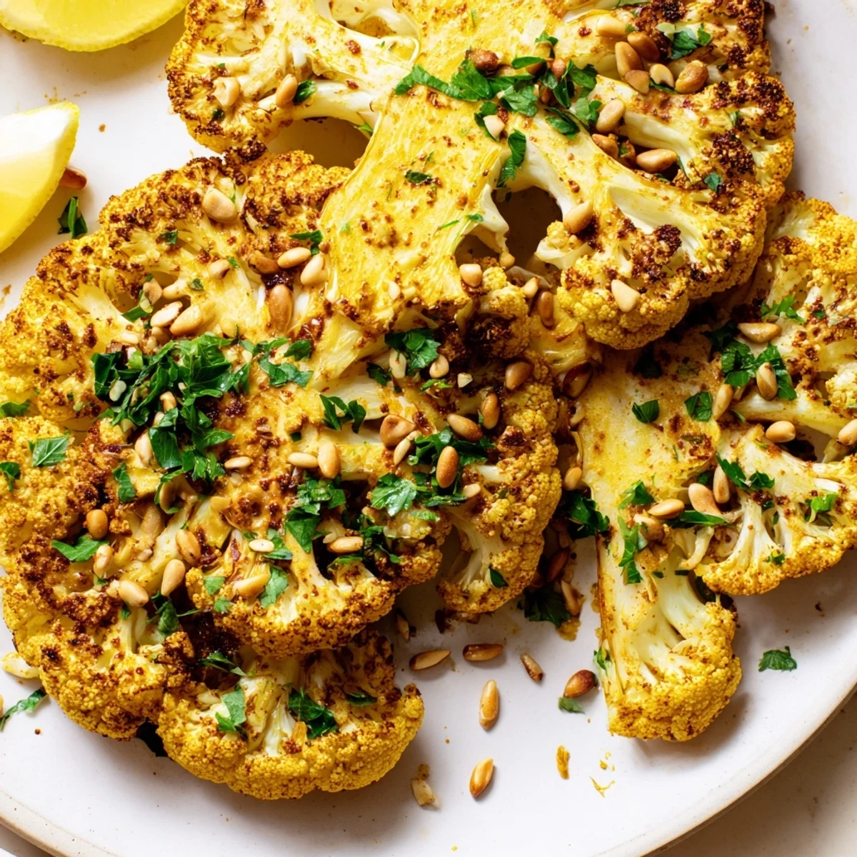 Serving Roasted Cauliflower Steaks with Spices on a plate, garnished with parsley and lemon wedges.