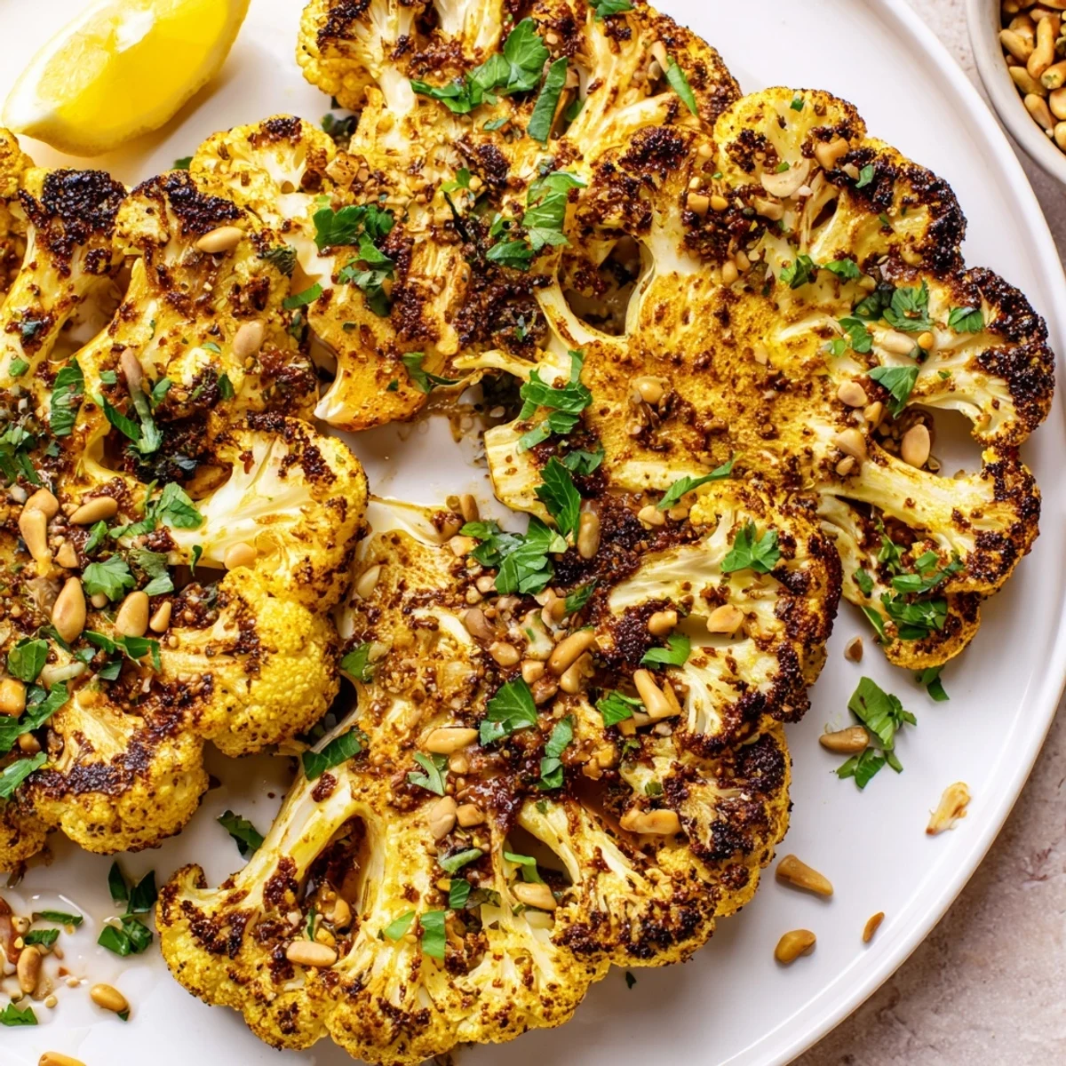 Roasted Cauliflower Steaks with Spices cut to show tender interior, served beside a grain bowl.