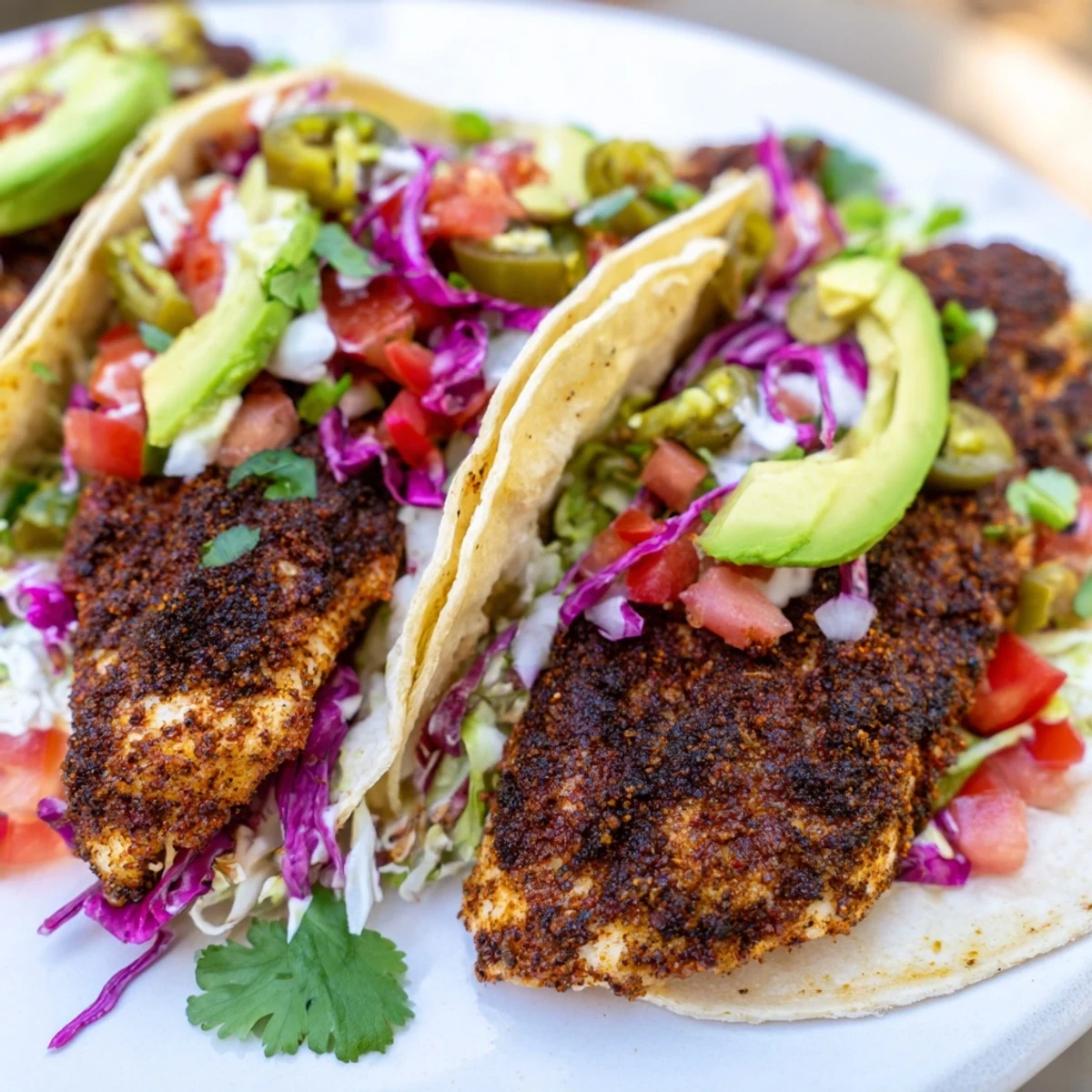 Warm flour tortillas cradle Cajun Blackened Fish Tacos with Salsa, topped with shredded cabbage and creamy avocado.