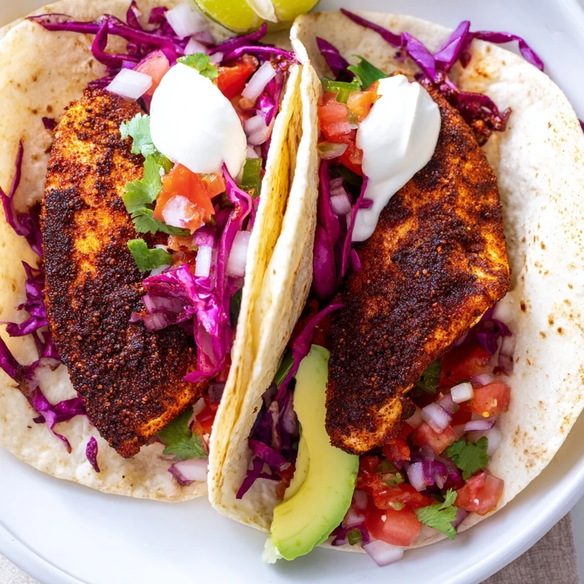 Ready-to-serve Cajun Blackened Fish Tacos with Salsa on a platter, garnished with lime wedges and cilantro.