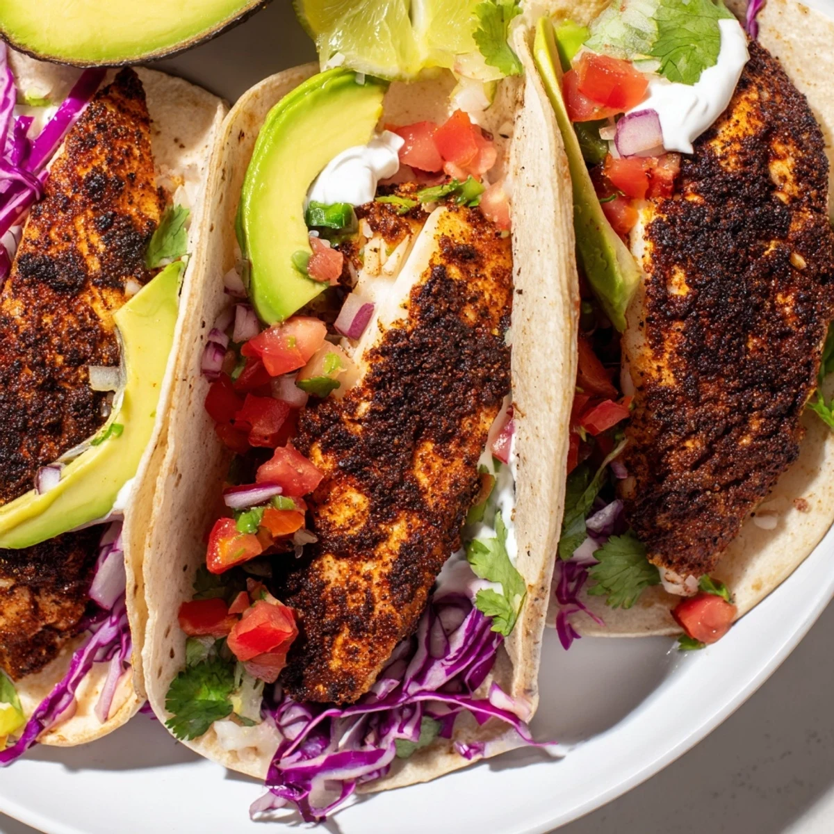 A close-up of Cajun Blackened Fish Tacos with Salsa, featuring flaky blackened fish and fresh pico de gallo.