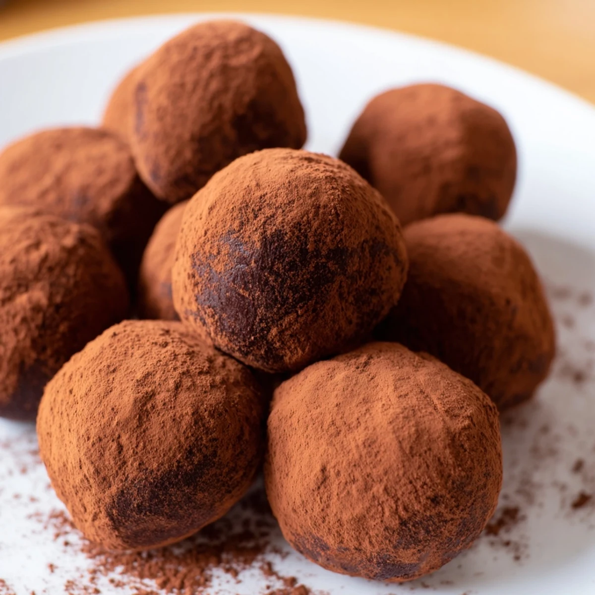 Freshly rolled cocoa-dusted chocolate truffles on a parchment-lined tray, ready to be chilled and served.