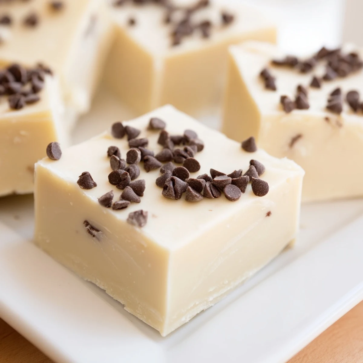 A close-up of Irish Cream Fudge squares with a smooth texture, some pieces showing mini chocolate chips on top.
