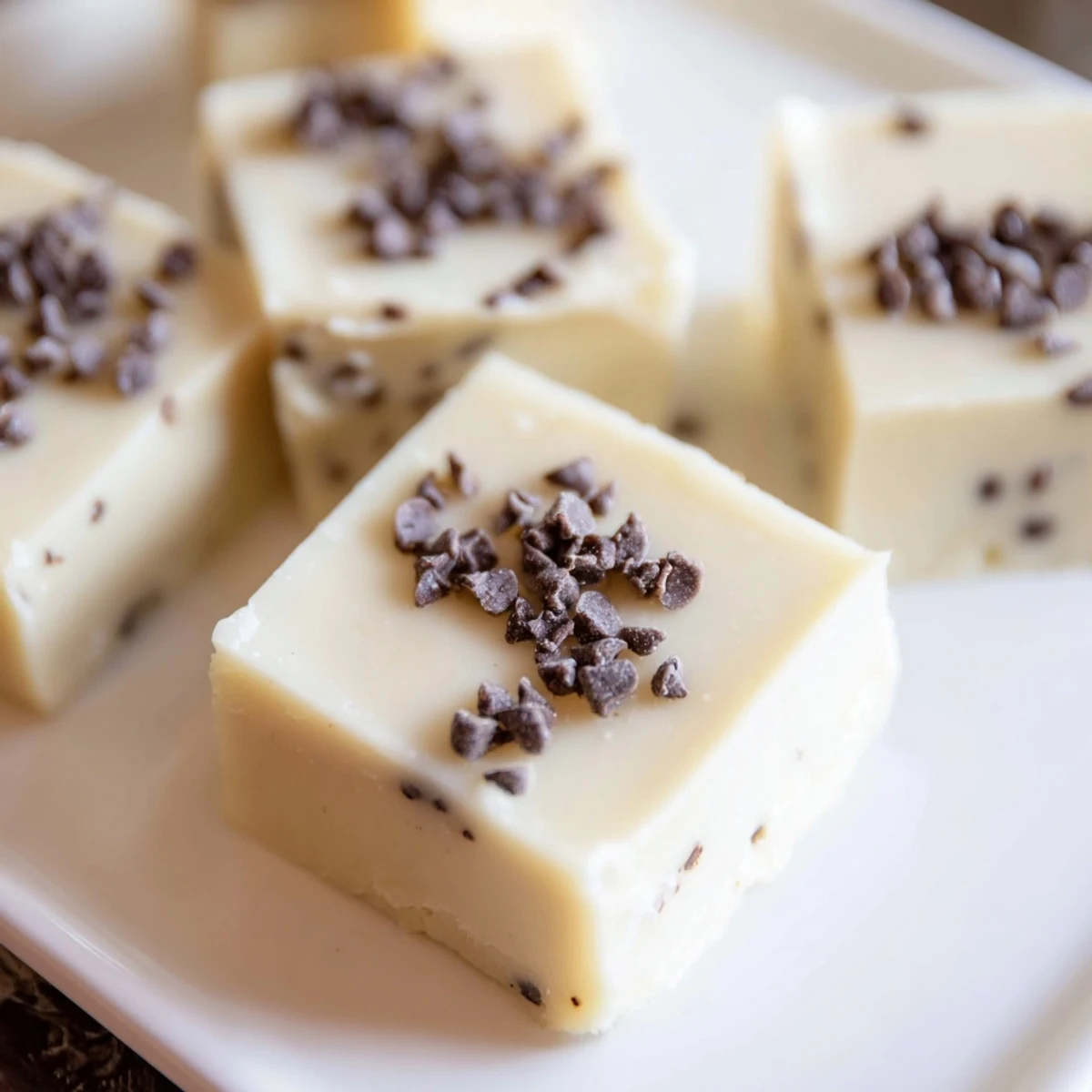 Freshly cut Irish Cream Fudge squares are arranged on a plate, ready to be served with a hot cup of coffee.