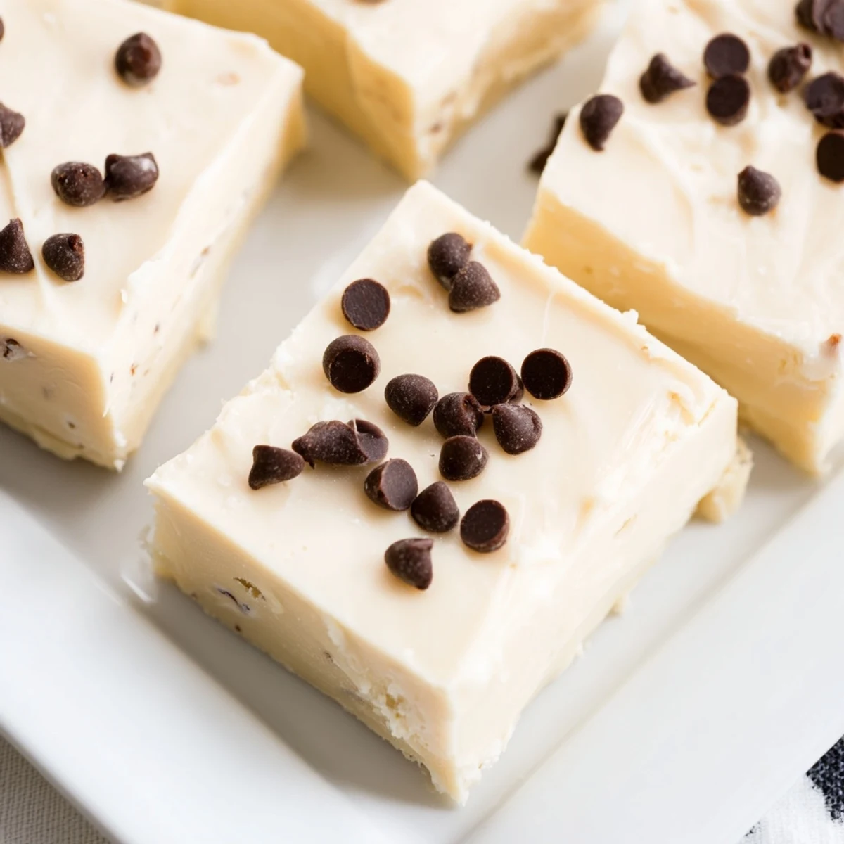 Smooth Irish Cream Fudge squares with a rich, creamy texture are displayed on a rustic wooden board.