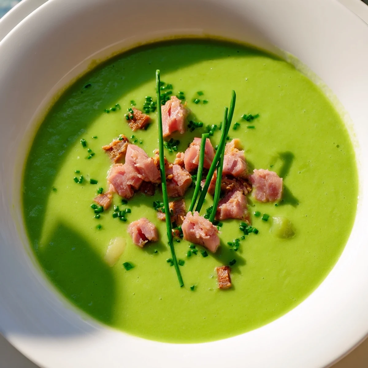 Spring Pea Soup with Turkey Ham shows a vibrant green puree topped with sautéed ham pieces on a rustic table.