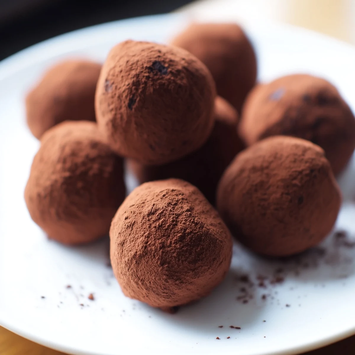 Velvety Chocolate Truffles with Cocoa Powder dusted in rich dark cocoa powder on a white plate.