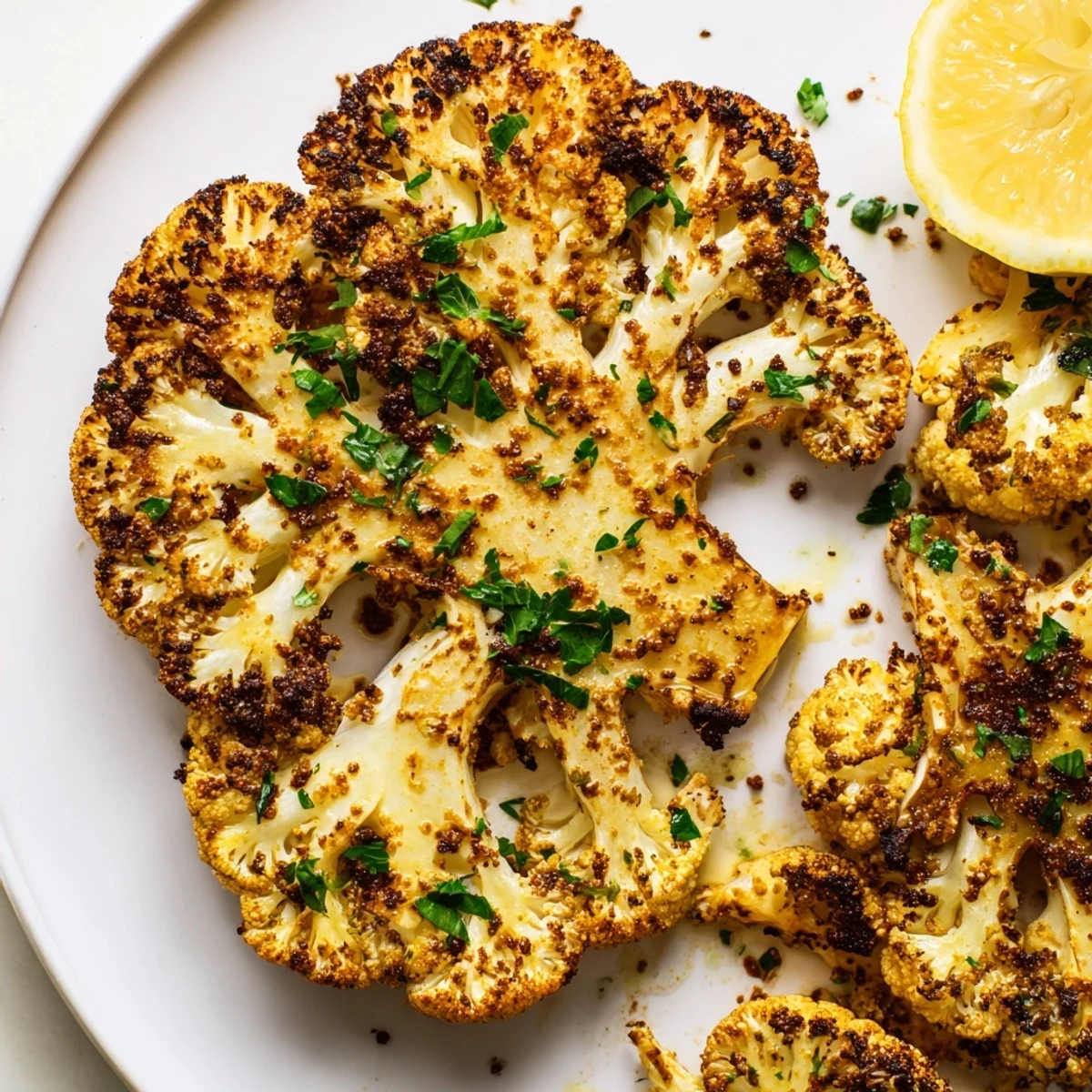 Golden roasted cauliflower steaks with spices on a plate, garnished with fresh herbs and lemon wedges for serving.