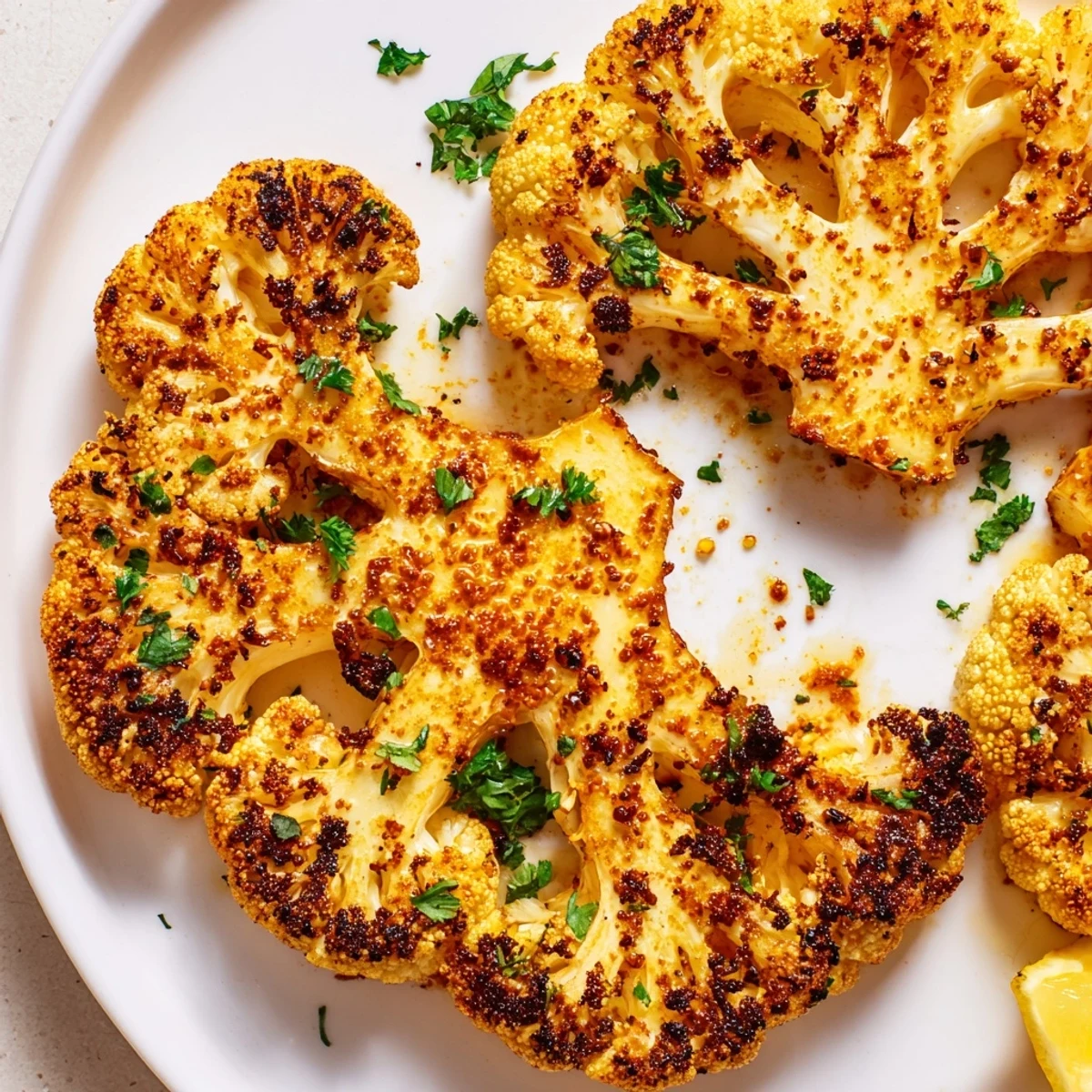 Roasted Cauliflower Steaks with Spices, drizzled with olive oil and topped with chopped parsley on a rustic board.
