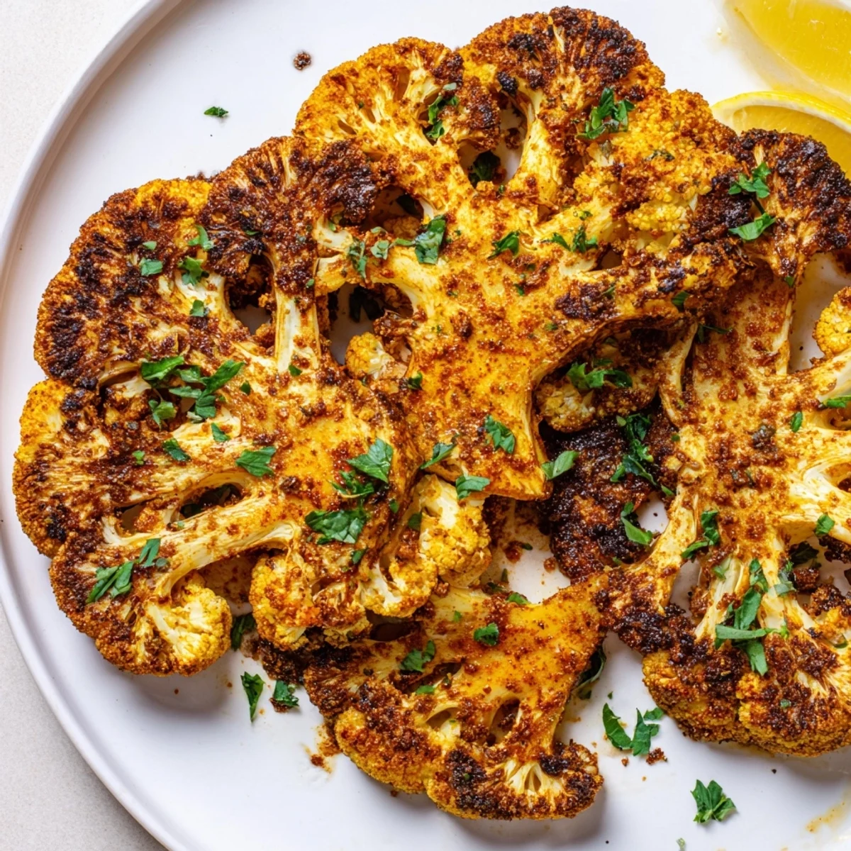 Platter of vegan Roasted Cauliflower Steaks with Spices, perfectly charred and served alongside lemon wedges for brightness.
